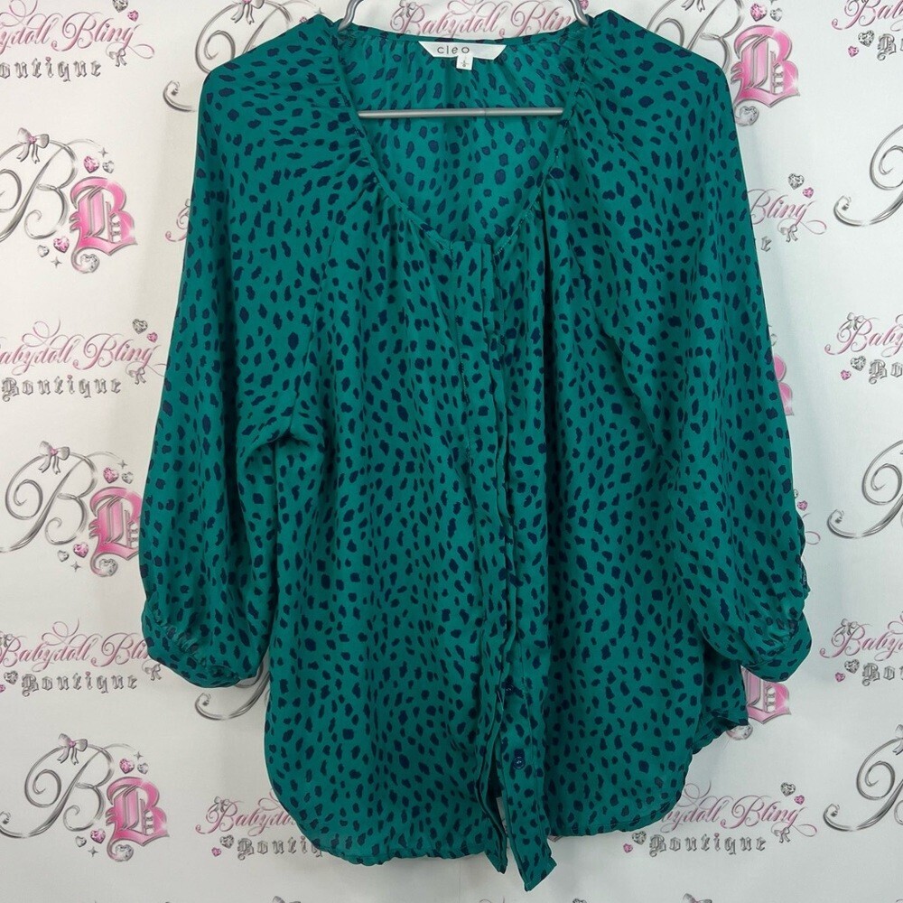 Cleo blouse cheetah animal print blue teal Polka Dot Women's Top flowy